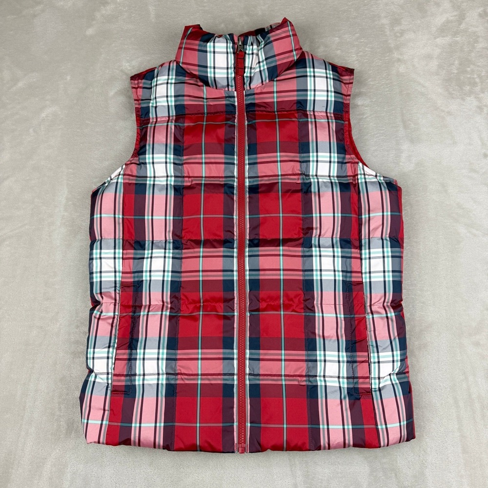 Lands End Down Puffer Vest Women Medium Multicolor Plaid Outdoor Lightweight EUC